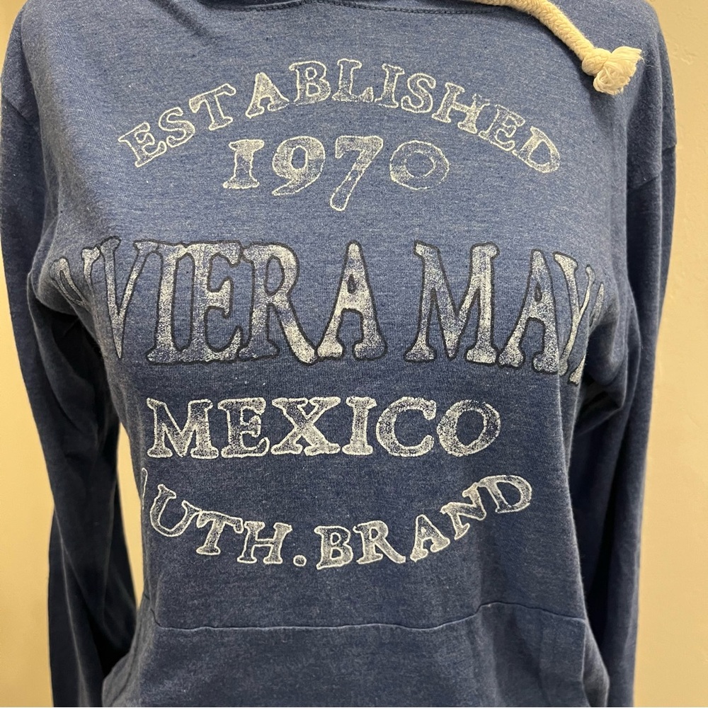 CARIBBEAN SIDE Resort/Souvenir Blue  Long Sleeve Knit Hoodie Top L Riviera Maya - Picture 2 of 5